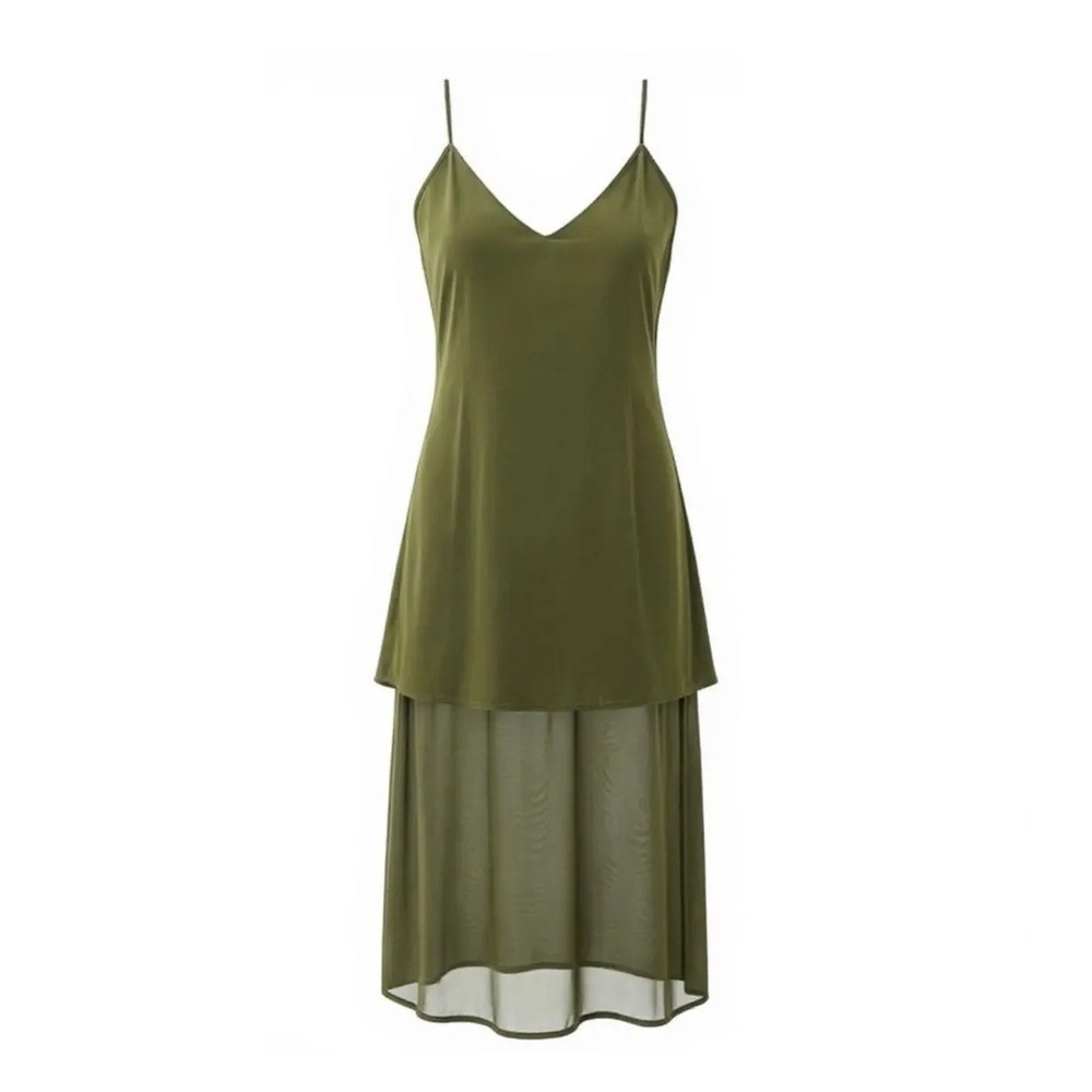 NEW Gold Hawk Velvet Chiffon Sheer Layered Slip Dress‎ Green Large